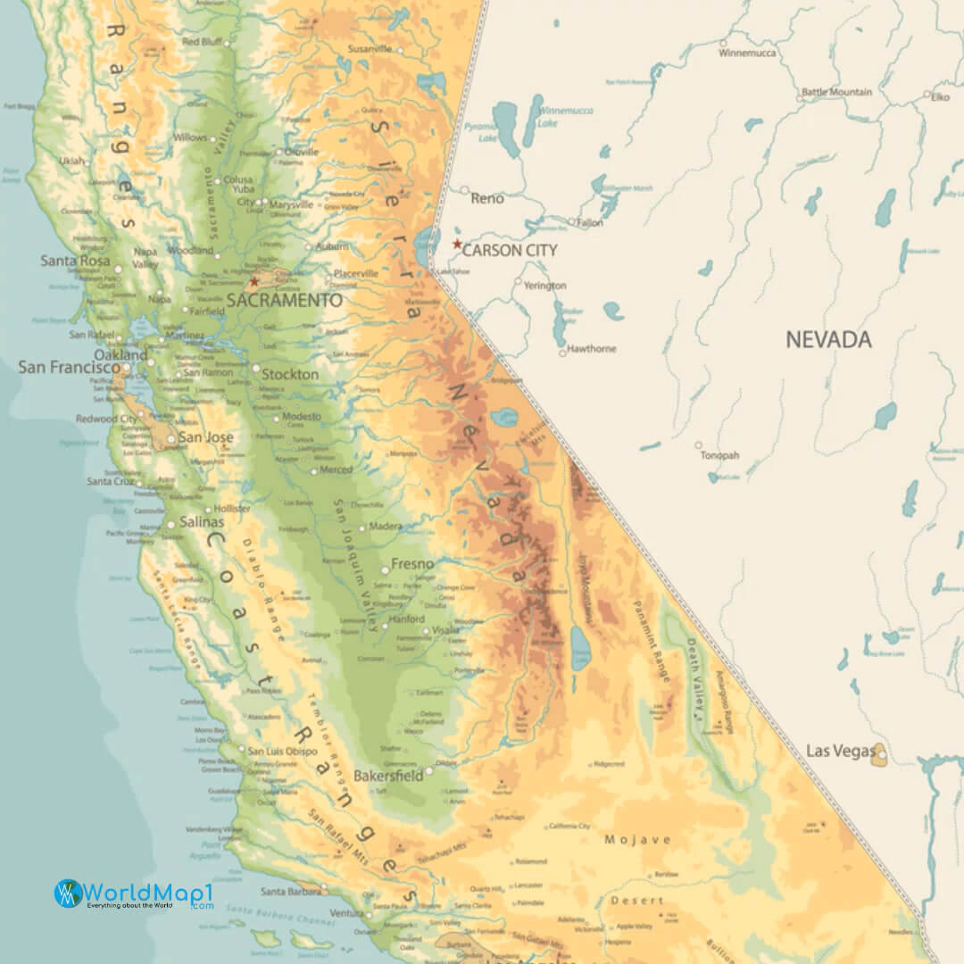 Carte physique de la côte californienne